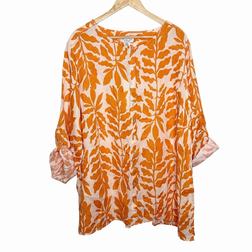 Rachel Zoe Linen Tropical Print Top Orange Womens Size 3X Resort Beach Button Up